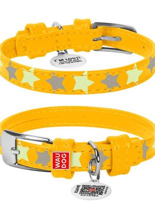Нашийник для собак шкіряний waudog glamour з qr паспортом, візерунок "зірочка", світонакоплювальний, ш 15 мм,