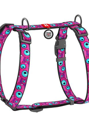 Шлея для собак анатомічна h-подібна waudog nylon з qr-паспортом, малюнок "око монстра", пластиковий фастекс,