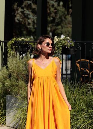 Оранжевий жіночий лляний сарафан на завʼязках