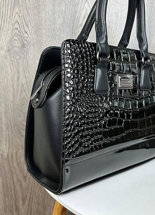 Качественная женская сумка под рептилию, лаковая сумочка для женщин рептилия черная5 фото