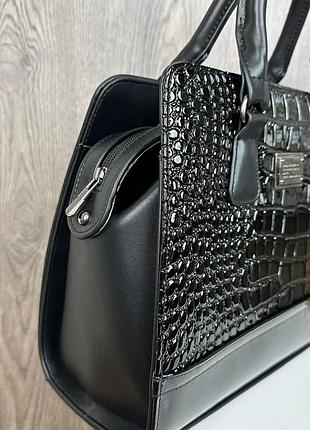 Качественная женская сумка под рептилию, лаковая сумочка для женщин рептилия черная6 фото