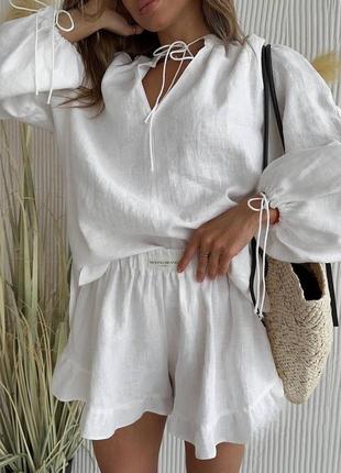 Костюм двойка льняной блуза рубашка oversize и шорты с рюшами
