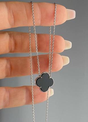 Срібне кольє клевер з оніксом (родій/ позолота)