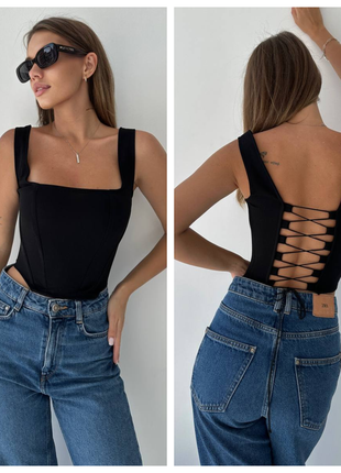 Корсет топ (корсетный) однотонный женский, завязки на спинке 42-48 креп дайвинг черный белый