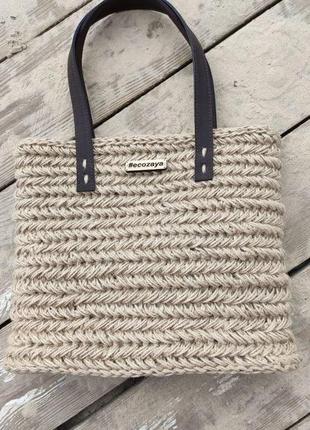 Джутовый шоппер плетённый, летняя сумка из джута3 фото