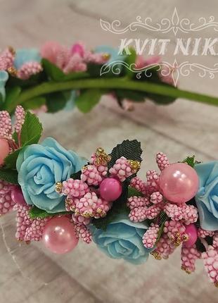 Віночок. весільний квітковий вінок в зачіску в блакитних і рожевих тонах. вінок з квітів для дівчинки3 фото