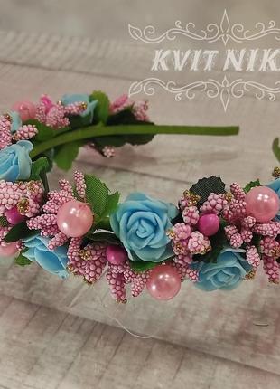 Віночок. весільний квітковий вінок в зачіску в блакитних і рожевих тонах. вінок з квітів для дівчинки4 фото