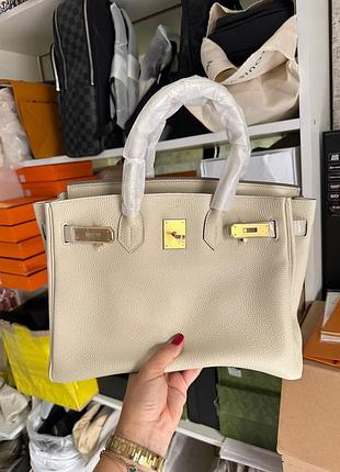 Сумка женская кожаная бежевая белая шоппер деловая бредовая birkin 30см