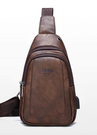 Чоловіча бананка сумка на груди, барсетка на плече кроссбоді слінг jeep з usb екошкіра 1122