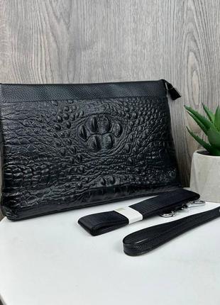 Великий чоловічий шкіряний клатч барсетка чорний рептилія. клатч сумка з натуральної шкіри