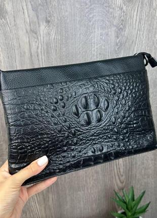Великий чоловічий шкіряний клатч барсетка чорний рептилія. клатч сумка з натуральної шкіри