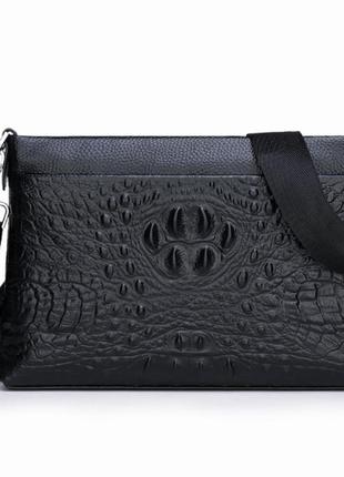 Великий чоловічий шкіряний клатч барсетка чорний рептилія. клатч сумка з натуральної шкіри