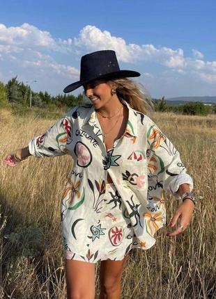 Шелковая рубашка молочного цвета с коротким рукавом с принтом от juliet