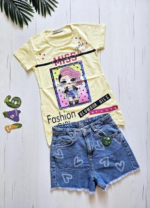 Новый комплект детский летний 146см, 10-11роков, костюм для девочки, футболка+шорты, c&a, блуза+шорты, туречки, туника+шорты джинсовые