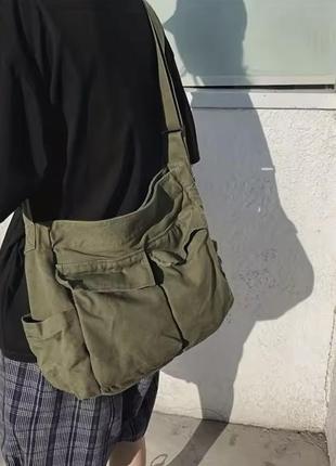 Сумка унісекс велика хакі колір в стилі харадзюку