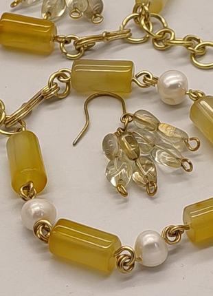 Комплект з двох браслетів і сережок з лимонного агату і натуральних річкових молочних перлин "кульбабки". комплект з натурального каміння2 фото