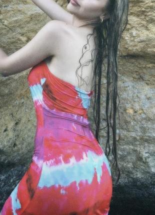Яскрава сукня клякси розводи кольори відкриті плечі регулюється низ на пляж скіні помаранчева червона блакитна літо літня вечірка туніка