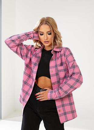 Рубашка женская фланель на хлопковой основе в клетку 42-52 синяя, розовая, оранжевая, бежевая