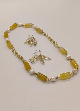 Комплект з двох браслетів і сережок з лимонного агату і натуральних річкових молочних перлин "кульбабки". комплект з натурального каміння9 фото