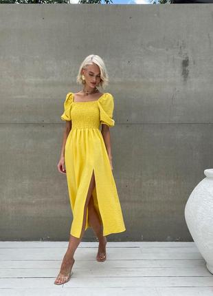 Жовтий літній сарафан сукня платтє натуральний лляний міді1 фото