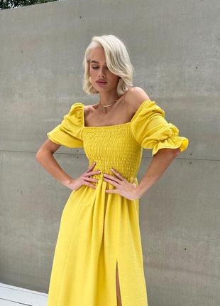 Жовтий літній сарафан сукня платтє натуральний лляний міді3 фото