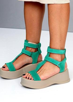 Трендовые босоножки зеленые. ментол, девчачье на высокой бежевой платформе, двойная липучка6 фото