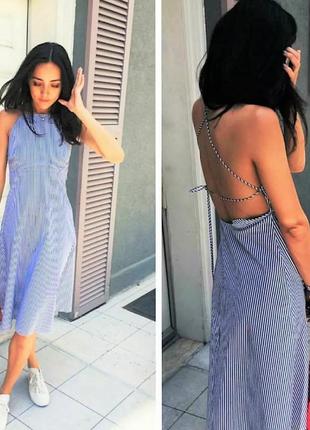 Zara woman studio бавовняна сукня з попліну та смужкою з відкритою спиною темно-синій -білий  m