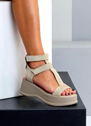 Натуральные замшевые женские босоножки, высокие римлянки, трендовый дизайн на липучках, платформа