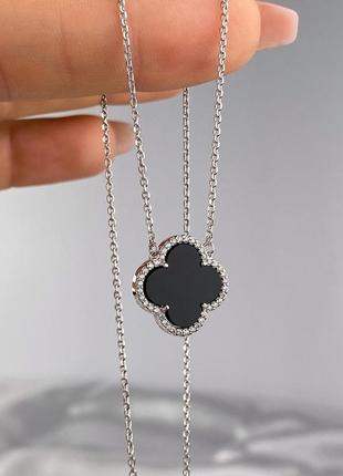 🇺🇦 колье подвеска серебро 925° родий им. оникс и куб.циркостный клевер 
 крупный 1449.10р