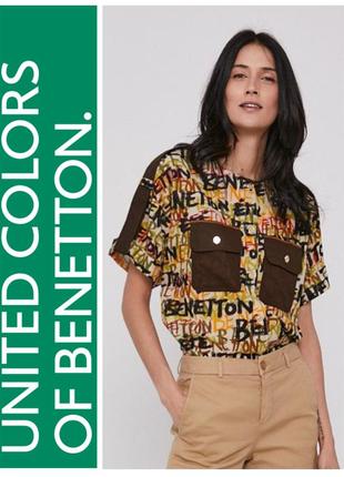 Хлопковая рубашка короткий рукав united benetton италия надпись логотип бренд графити оверсайз золотые пуговицы 100 % котон хлопок бязь блузка летняя