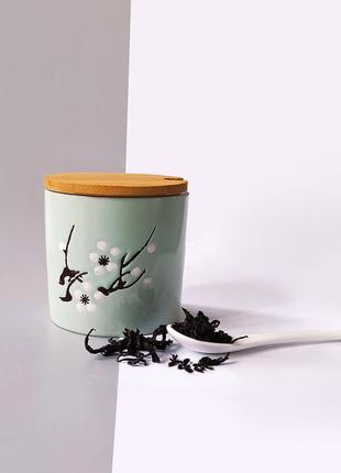 Чай да хун пао в керамической ёмкости для хранения "сакура" (голубая)