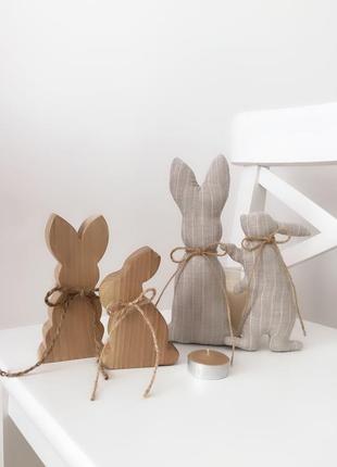 Сірий заєць з льону інтер'єрна іграшка декор тільда зайчик кролик великодній декор еко стиль