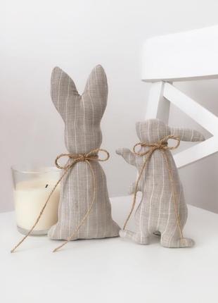 Сірий заєць з льону інтер'єрна іграшка декор тільда зайчик кролик великодній декор еко стиль