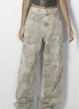 Брюки карго джинсы с карманами широкие трендовые хаки wide leg skater baggy zara