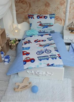 Комплект кукольной постельки для мальчика в голубом цвете3 фото