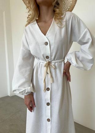 Женское качественное летнее льняное белое платье миди на пуговицах лен3 фото