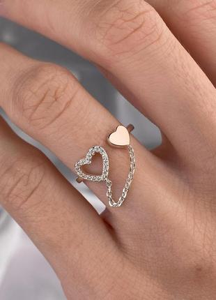 Серебряное кольцо 925 пробы с золотыми пластинами 375 проби сердечко с цепочкой