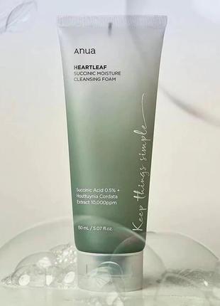 Гель-пінка для вмивання з бурштиновою кислотою anua heartleaf succincinic moisture cleansing foam