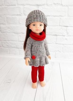 Зимний вязаный комплект одежды ка куклу паола 32 см, подарок девочке