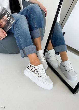 Код 9147🌿кеды кожаные с перфорацией белого цвета