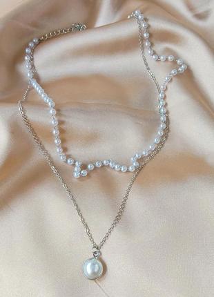 Намисто кольє чокер багатошаровий ланцюжок сріблястий з перлами сріблястий з підвіскою