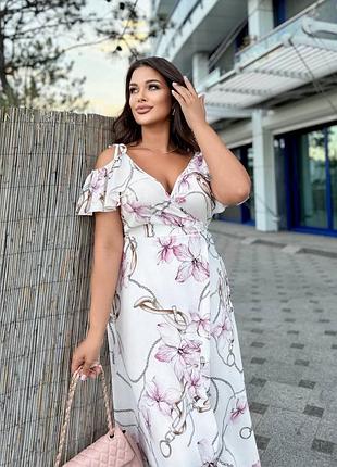 Длинное платье на запах с цветочным принтом с бретелями завязками с открытыми плечами...