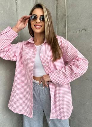 Хлопковая рубашка оверсайз рубашка белая в розовую клетку/рубашка с мужского плеча
