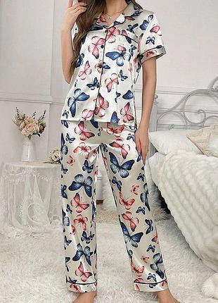 Пижама жіноча з принтом метелики. рубашка з коротким рукавом та брюки.