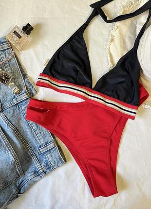 Раздельный красный купальник на высокой посадке shein