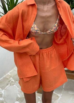 Оранжевый женский летний костюм шорты рубашка оверсайз свободного кроя женский прогулочный повседневный костюм с шортами3 фото