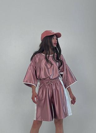 Атласный эксклюзивный костюм футболка оверсайз + шорты