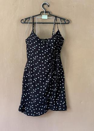Сарафан черного цвета в белый горошек размер xs bershka натуральная ткань