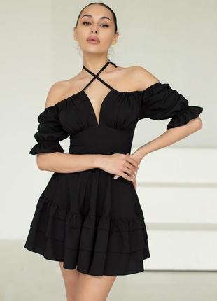 Міні сукня з рюшами коротка сукня з відкритими плечима коротка чорна сукня