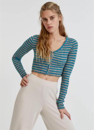 Pull &bear кроп топ в полоску в рубчик длинный рукав y2k голубой серый бирюзовый